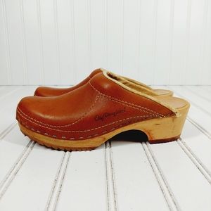 Olof Daughters Leather and Wood Brown Slip On Comfy Mule Clogs I462